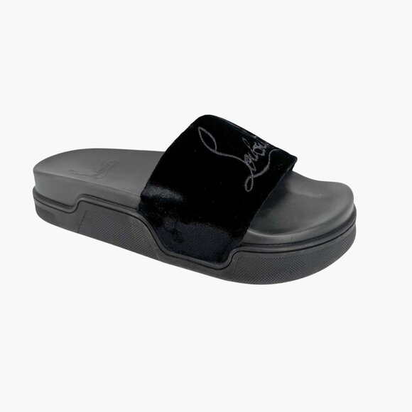 Christian Louboutin 'Navy Pool' Slide Sandals Size 37 US 7 Black Velvet Logo 34 - Picture 9 of 12